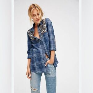 Free People Stevie's Embellished Blue Gray S Plaid Button Down Flannel Pockets